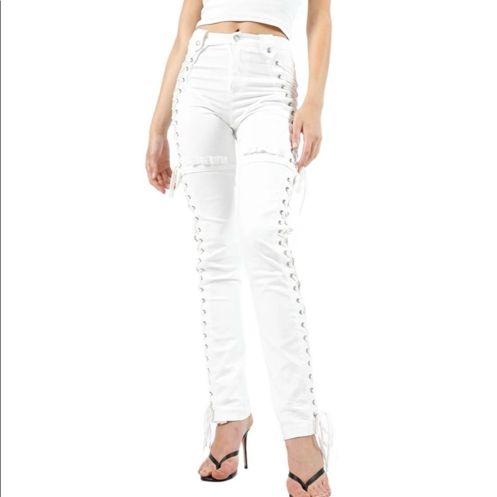 I AM GIA Small White Holly Grunge Edgy Casual Lace Up Pants - Picture 2 of 12